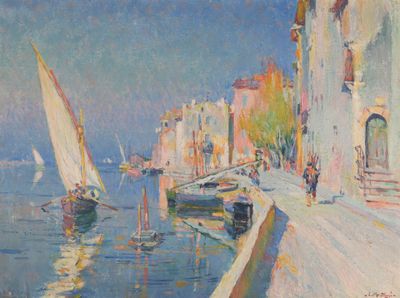 une peinture représentant des bateaux sur l'eau près d'un bâtiment