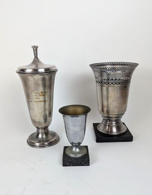 deux vases en argent et une coupe en argent posés sur un fond blanc