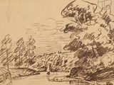 dessin d'un paysage avec des arbres et une rivière au premier plan