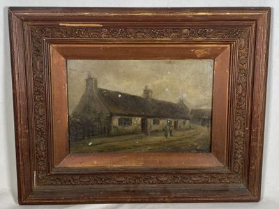 un vieux tableau représentant une scène de vie à la ferme avec une calèche tirée par un cheval