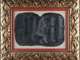 une image représentant un tableau où figurent un homme et un chien, dans un cadre doré