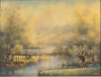 HOUZET (Bernard) "Etang", hsp, sbd, 50x65 ( craquelures)