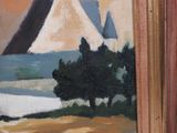 an oil painting of a mountain scene with a house in the background
