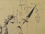 a drawing of a man holding an umbrella in his hand