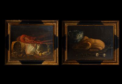 two paintings of food on a table in a dark room