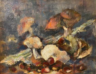 un tableau représentant des champignons et d'autres légumes posés sur une table