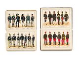 quatre types différents d'uniformes militaires sont représentés sur un fond blanc
