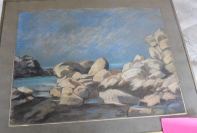 Pastel « Rocher » ; inscription au dos « PLOUMANACH 1955 » ;…