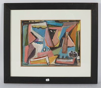 tableau encadré représentant une nature morte avec un vase et une cruche