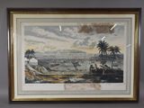 tableau représentant une vue de plage avec des palmiers et un plan d'eau
