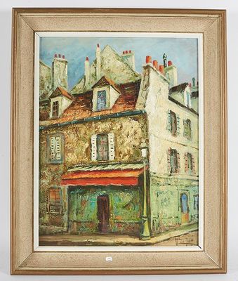 tableau représentant un bâtiment devant lequel se trouve un auvent rouge