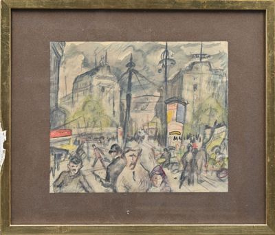 une image d'un tableau représentant des personnes marchant dans une rue