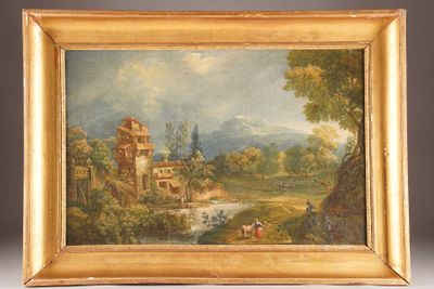 an oil painting of a landscape with a river and a house