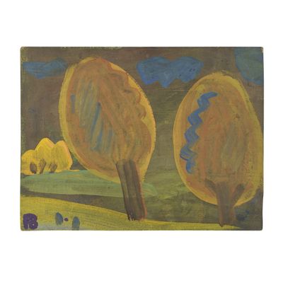 painting of three trees in a field with a blue sky in the background