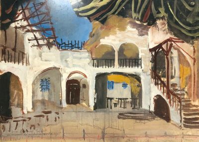 tableau représentant une cour avec un escalier menant à un bâtiment