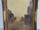 une peinture à l'huile représentant une scène de rue avec des bâtiments et un cheval