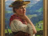 une peinture à l'huile représentant une femme coiffée d'un chapeau de paille, assise sur une clôture