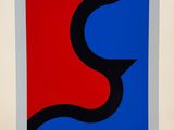 a red, blue and black abstract painting in a white frame