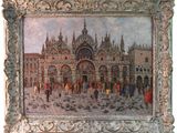 painting of a painting of a city with people walking around it