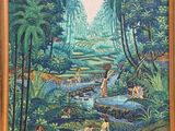 an oil painting of a jungle scene with people, animals, and trees