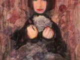 a painting of a woman holding a cat in her lap