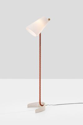 a white table lamp with a wooden base and a white shade