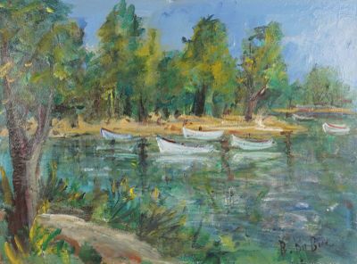 a painting of boats on the water by the shore