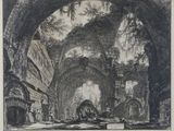 an image of a black and white drawing of a man sitting in a ruined building