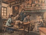 une peinture représentant un groupe de personnes assises autour d'une table