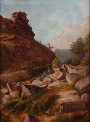 une peinture représentant un paysage rocheux avec des rochers et de l'herbe au premier plan
