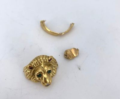 a close up of a gold lion head and earring on a white surface