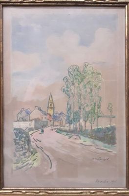 une image représentant une peinture d'une rue avec une église en arrière-plan
