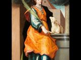 an image of a painting of a woman in an orange dress with angels above her