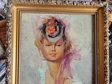 a picture of a painting of a woman with a hat on