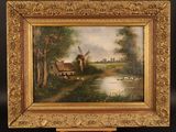 an oil painting of a farm scene with a pond and a windmill