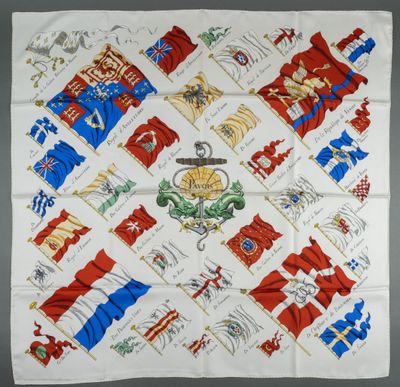 a white handkerchief with red, blue and white flags on it
