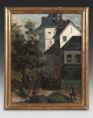an oil painting of a village scene with a horse drawn carriage