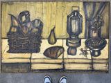 a picture of a painting of a table with food on it