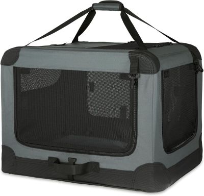 a gray and black dog crate with a black handle