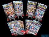 un lot de six paquets de cartes Pokémon empilés les uns sur les autres