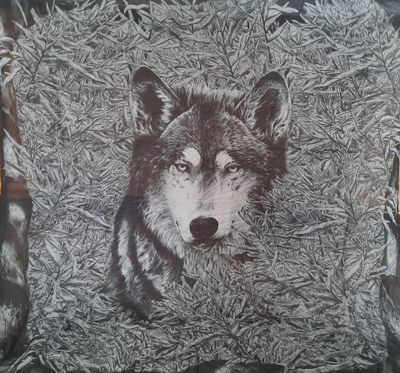 a black and white picture of a wolf in the grass