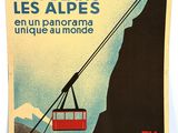 une vieille affiche faisant la promotion d'un téléphérique sur le flanc d'une montagne