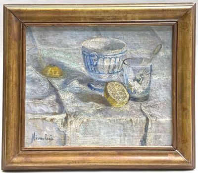 un tableau représentant des citrons et une tasse posés sur une table
