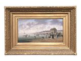 an oil painting of a beach scene with people and boats