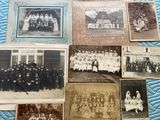 several old black and white photos of a group of people on a bed