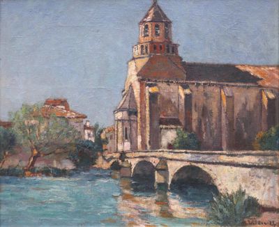 painting of a church and bridge over a river in a town
