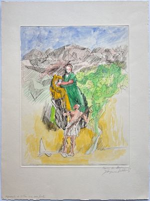 painting of a man riding a horse with a dog in the foreground