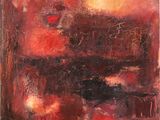 a painting of a red and black painting on a white wall