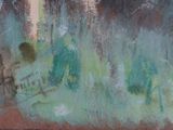 a painting of a man sitting on a bench in front of a forest
