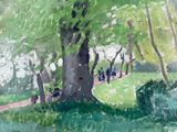 a painting of people sitting under a tree in a park